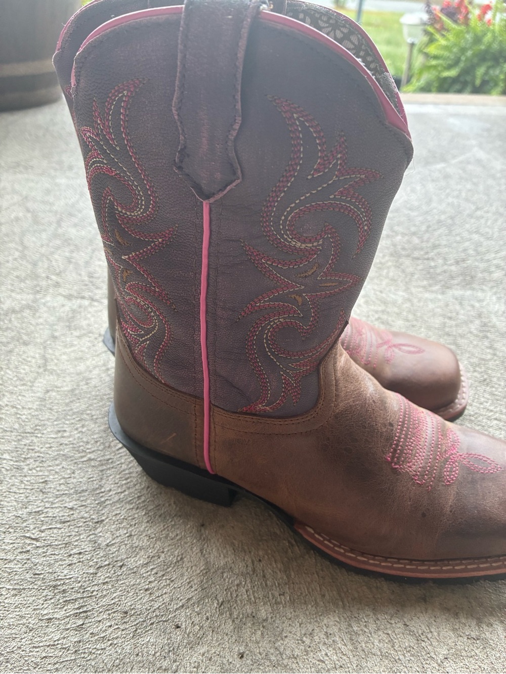 Brown and Purple Western Riding Boots with Pink Stitching
